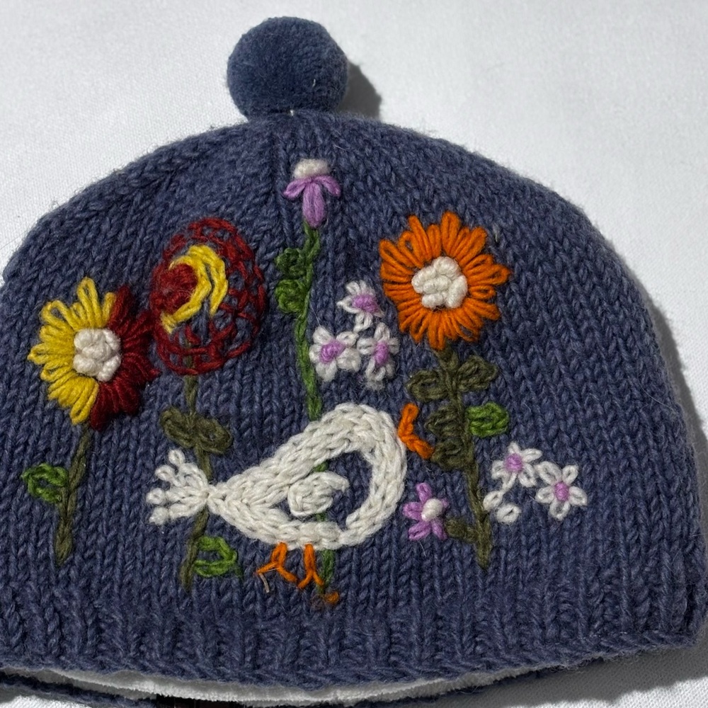 Embroidered Bird and Floral Knit Hat for Kids Whimisy Made in Nepal